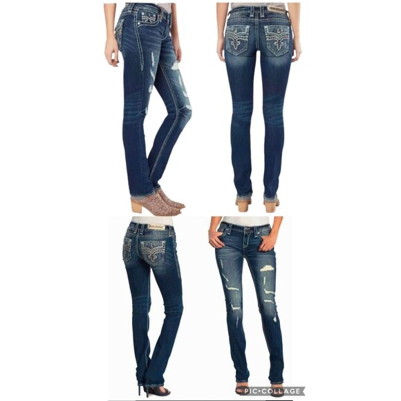 Rock Revival Priya Women’s Size 27 Straight Leg Distressed Rhinestones Jeans